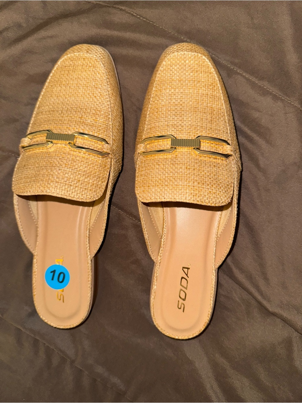 SODA Tan Woven Mule Loafers with Gold Belt